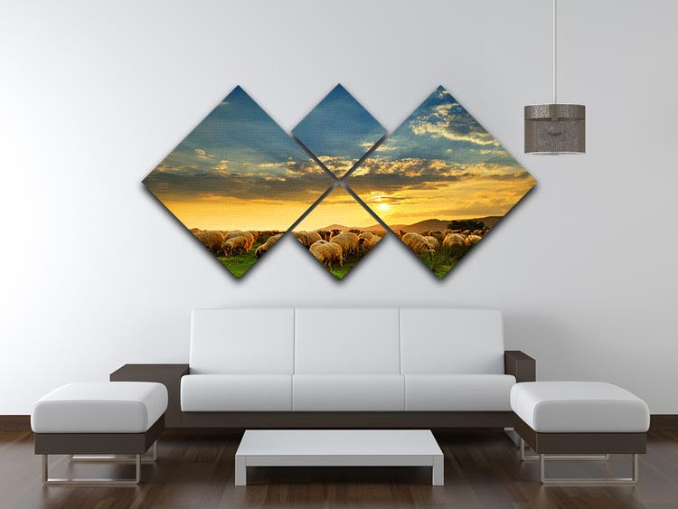 A serene sunset scene featuring a flock of sheep grazing on a lush hill, displayed in a 4-square multi-panel canvas arrangement.