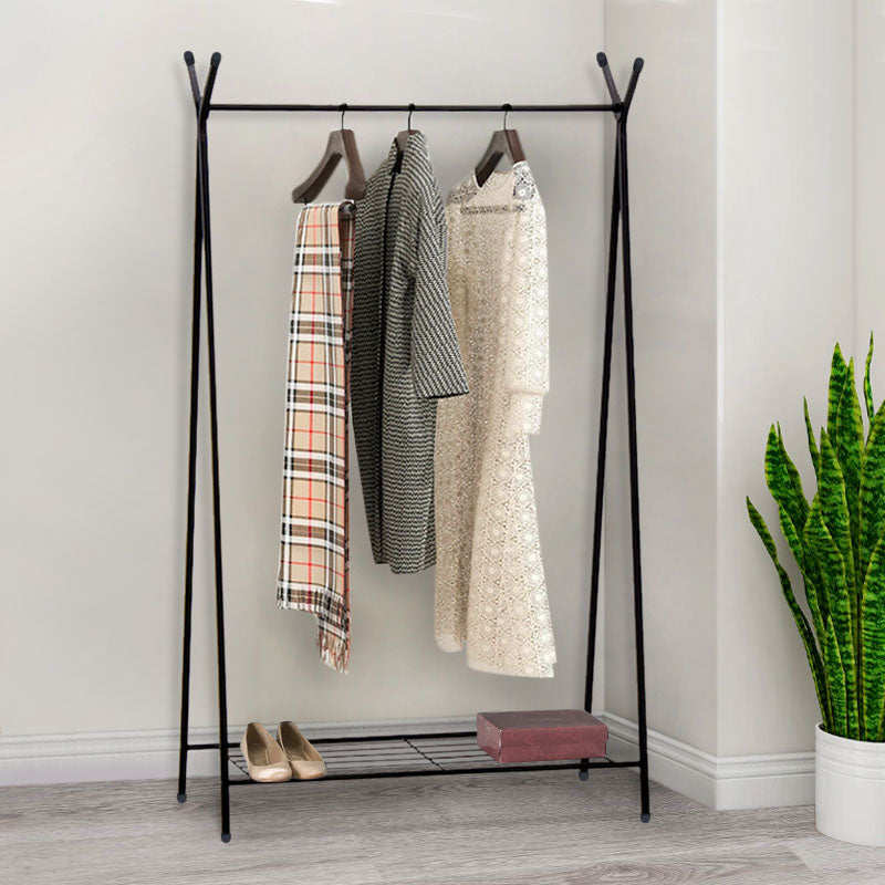 ROGER Black Floor Hanger with bottom shelf, metallic design, dimensions 90x38x150 cm, ideal for home and business use.