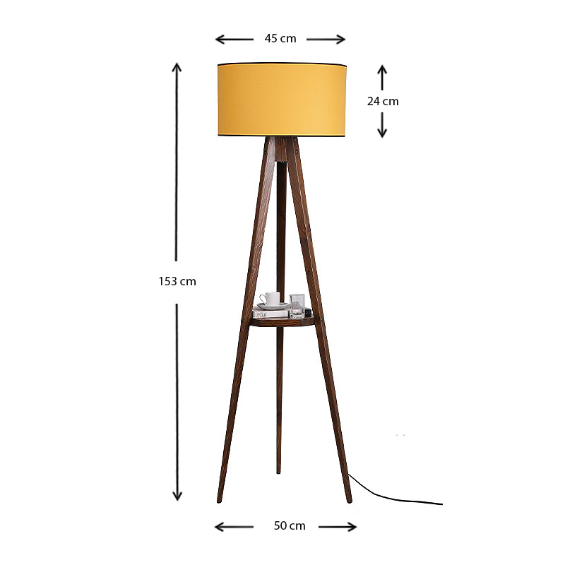 Floor Lamp ANIKE in walnut and mustard color, featuring a fabric shade and a wooden base with a shelf.