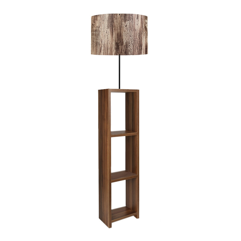 Elegant EIFFEL Floor Lamp in brown and walnut, featuring a grey PVC lampshade and a sturdy MDF body with three shelves.