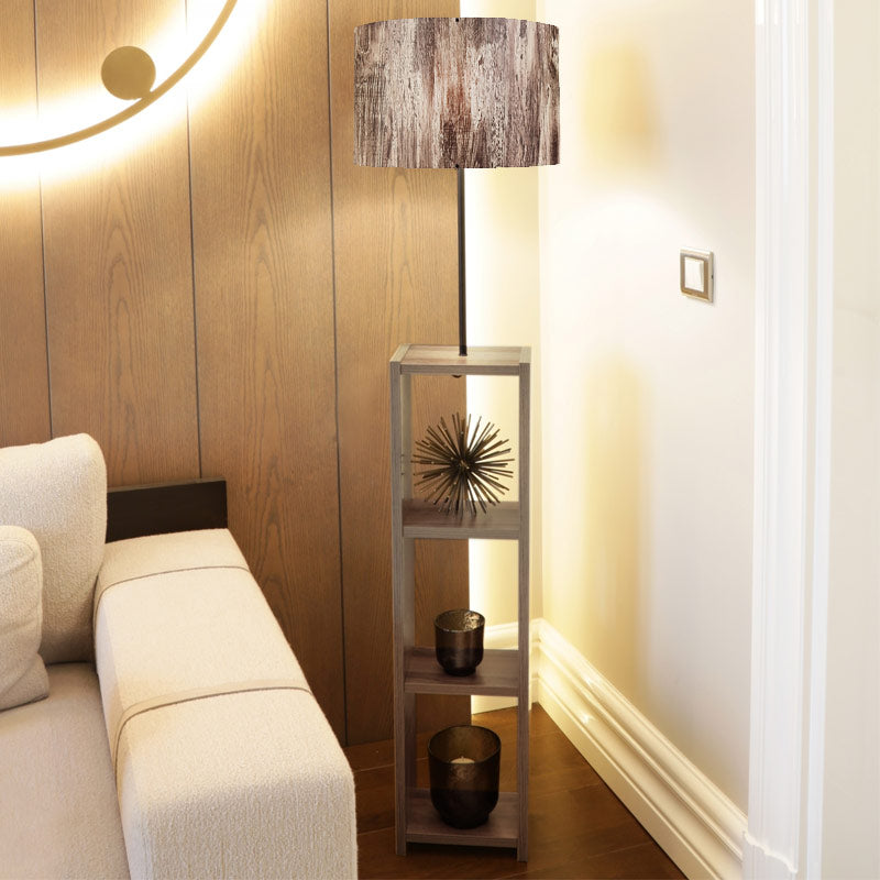 Elegant EIFFEL Floor Lamp in brown and walnut, featuring a grey PVC lampshade and a sturdy MDF body with three shelves.