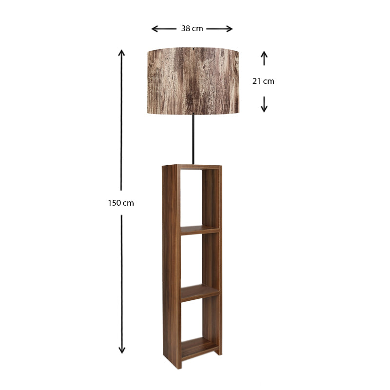 Elegant EIFFEL Floor Lamp in brown and walnut, featuring a grey PVC lampshade and a sturdy MDF body with three shelves.