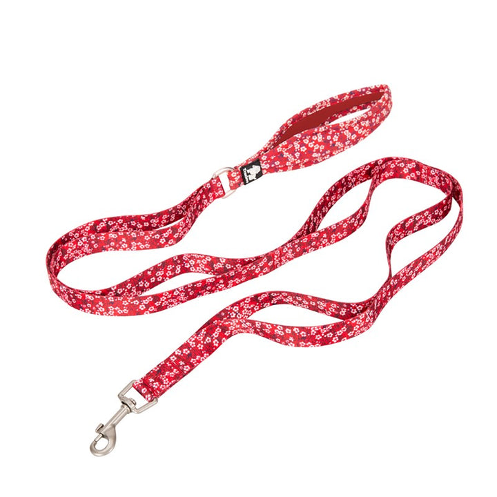 Floral Multi Handle in Poppy Red with soft neoprene grip and zinc alloy snap hook, perfect for pet walking.