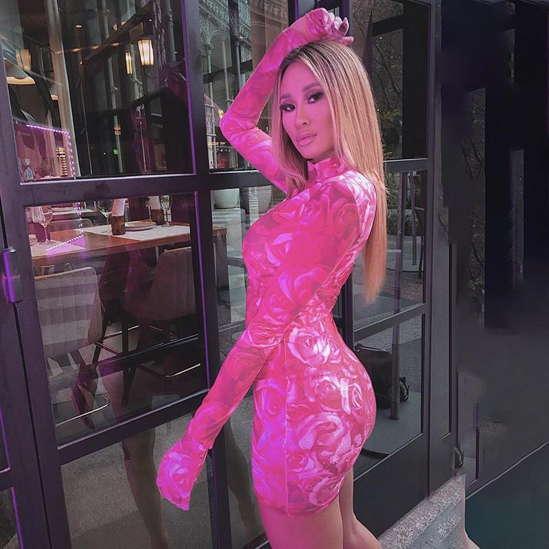 Floral print sexy women mini dress with long sleeves and gloves, perfect for summer parties and casual outings.