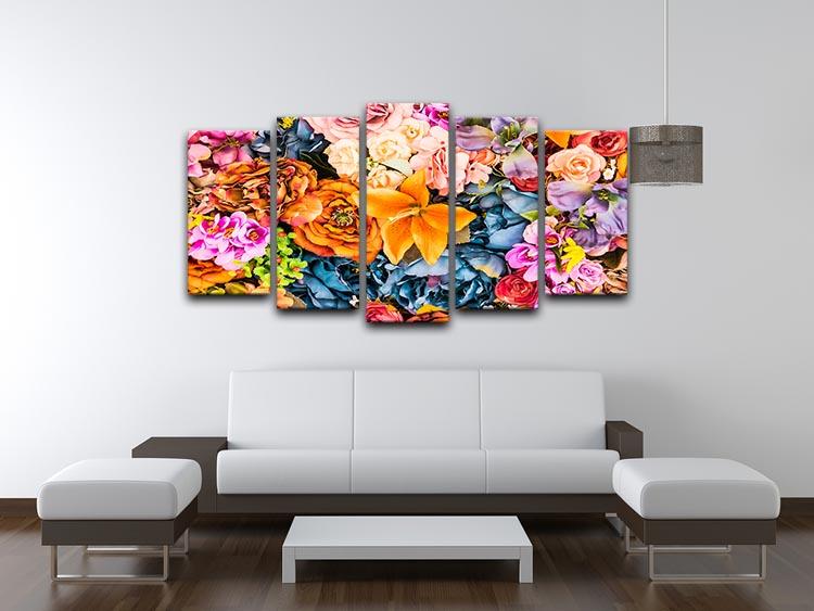 A beautiful 5-split canvas artwork featuring a vibrant flower background, showcasing five panels that create a cohesive floral design.