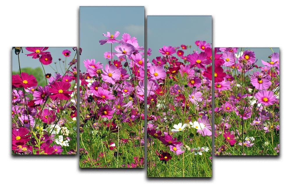 A vibrant 4-split canvas artwork featuring a colorful flower field under a bright blue sky, ideal for home decor.