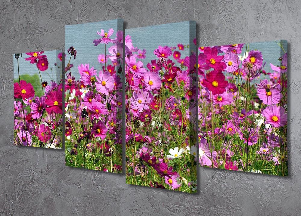A vibrant 4-split canvas artwork featuring a colorful flower field under a bright blue sky, ideal for home decor.