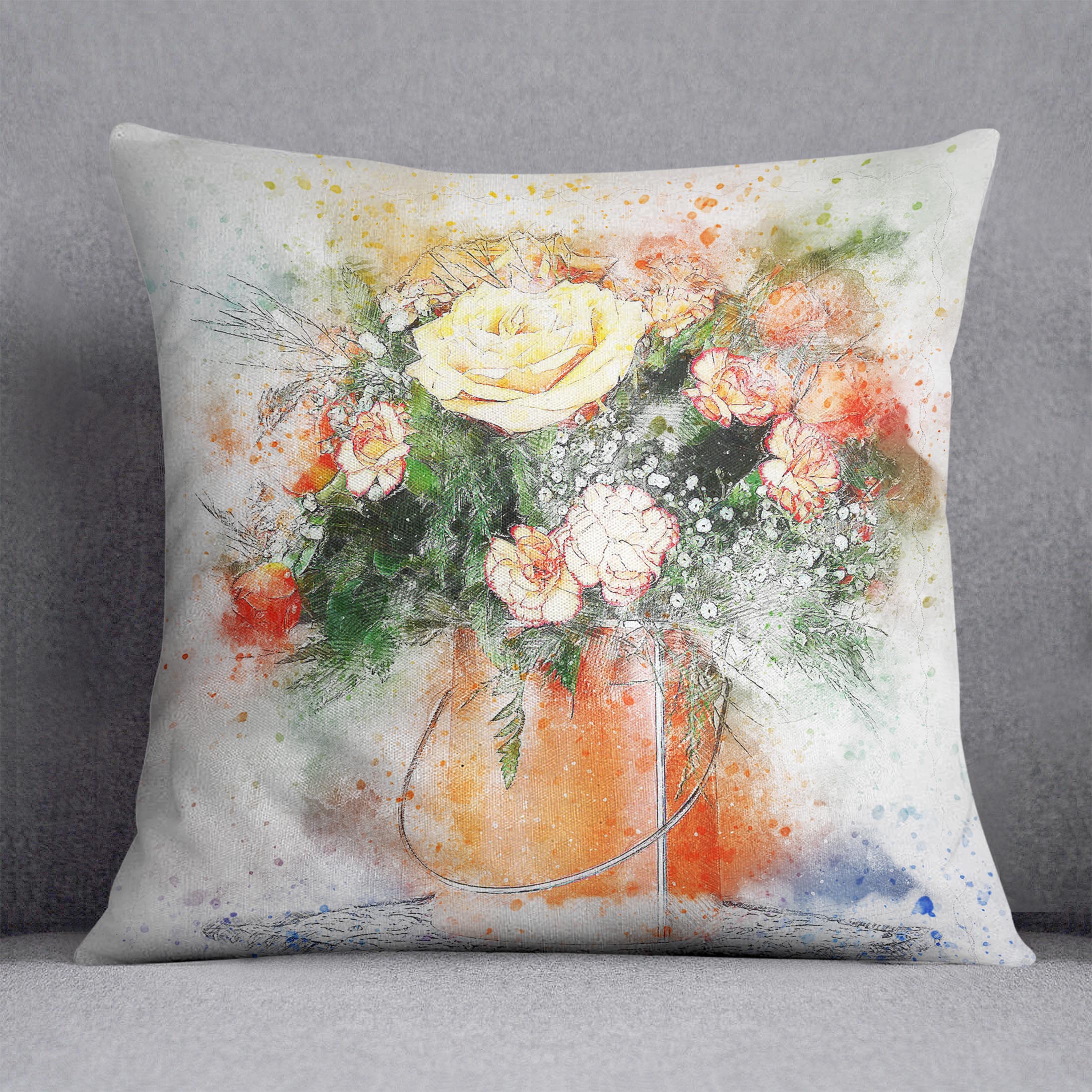 A vibrant Flower Painting Cushion featuring an abstract floral design on luxurious vegan faux suede, perfect for home decor.