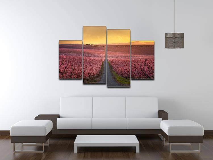 A vibrant Flowering 4 Split Panel Canvas artwork showcasing a stunning floral design divided into four equal sections.