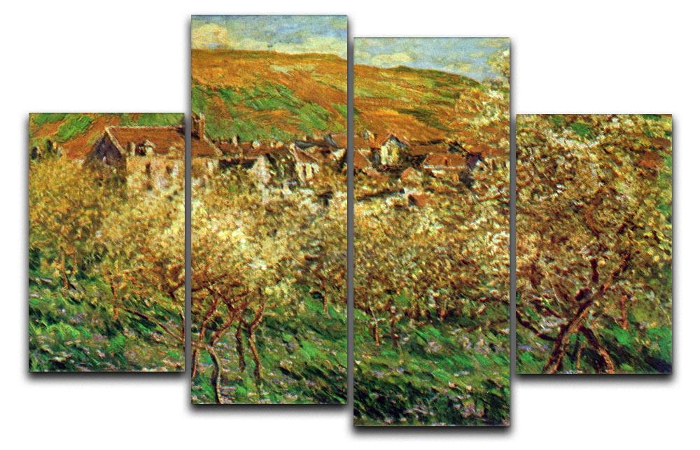 A beautiful 4-split canvas artwork featuring Monet's Flowering Apple Trees, showcasing vibrant colors and intricate details across four panels.