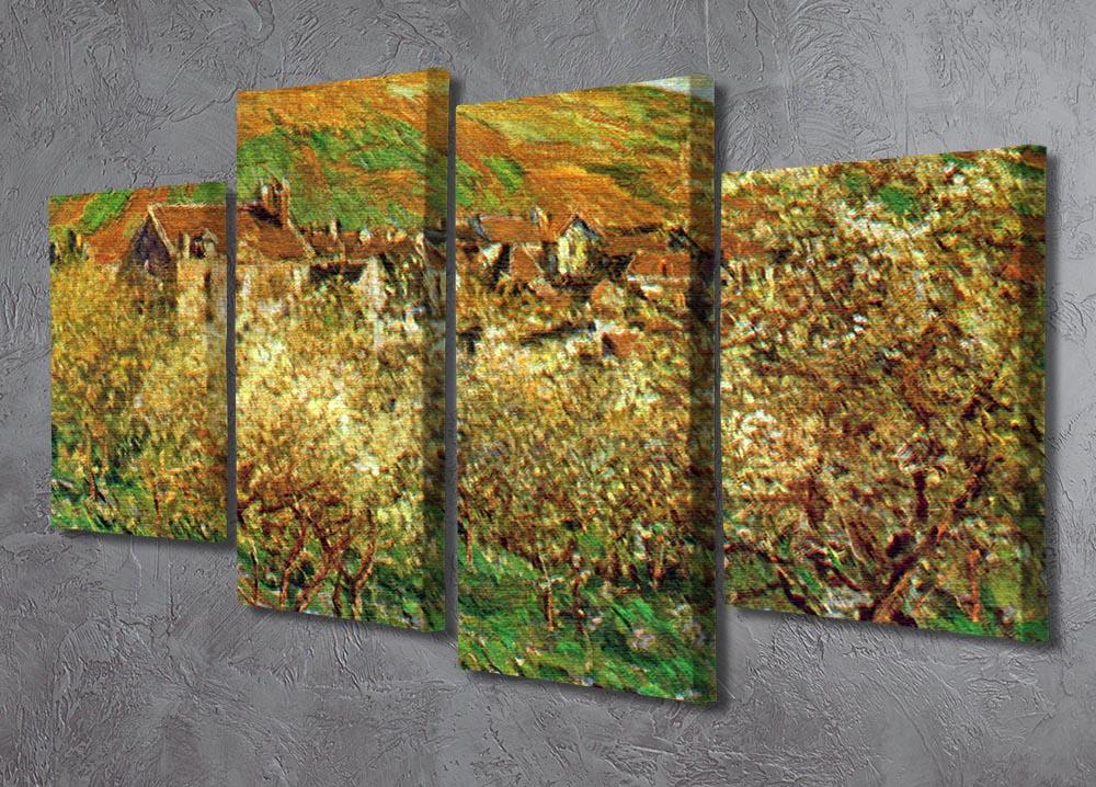 A beautiful 4-split canvas artwork featuring Monet's Flowering Apple Trees, showcasing vibrant colors and intricate details across four panels.