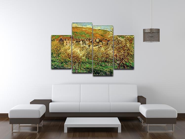 A beautiful 4-split canvas artwork featuring Monet's Flowering Apple Trees, showcasing vibrant colors and intricate details across four panels.