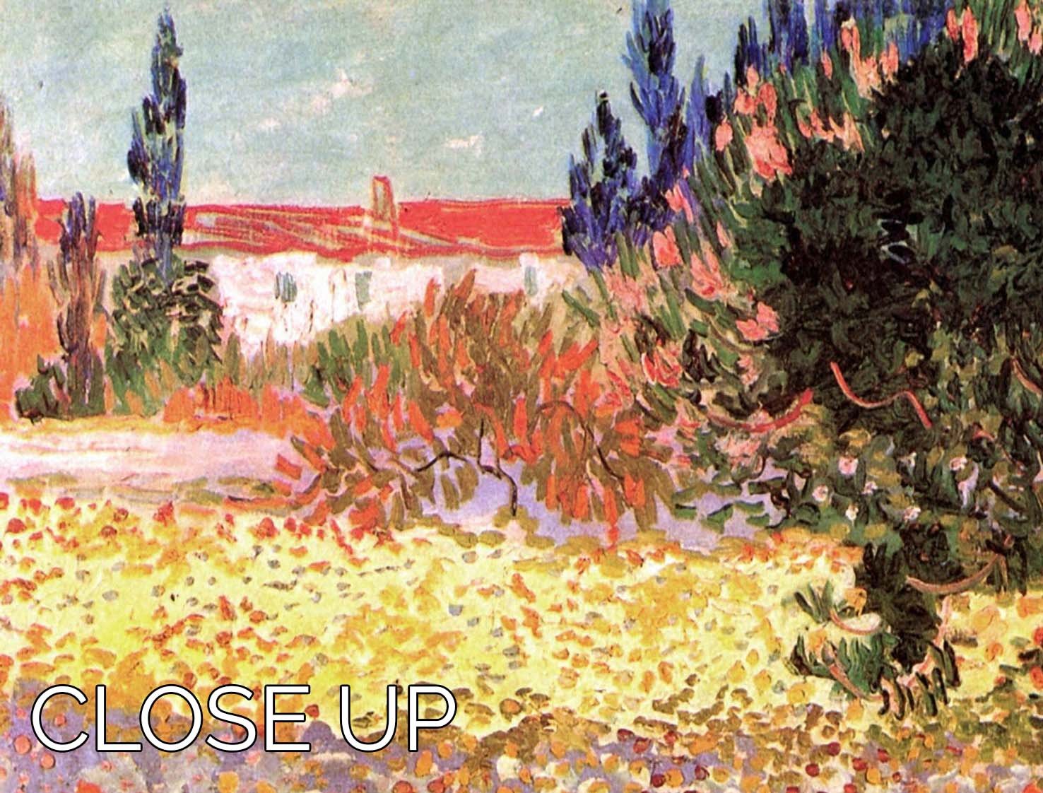 Three-panel canvas print of Van Gogh's Flowering Garden, showcasing vibrant colors and intricate details, perfect for home decor.