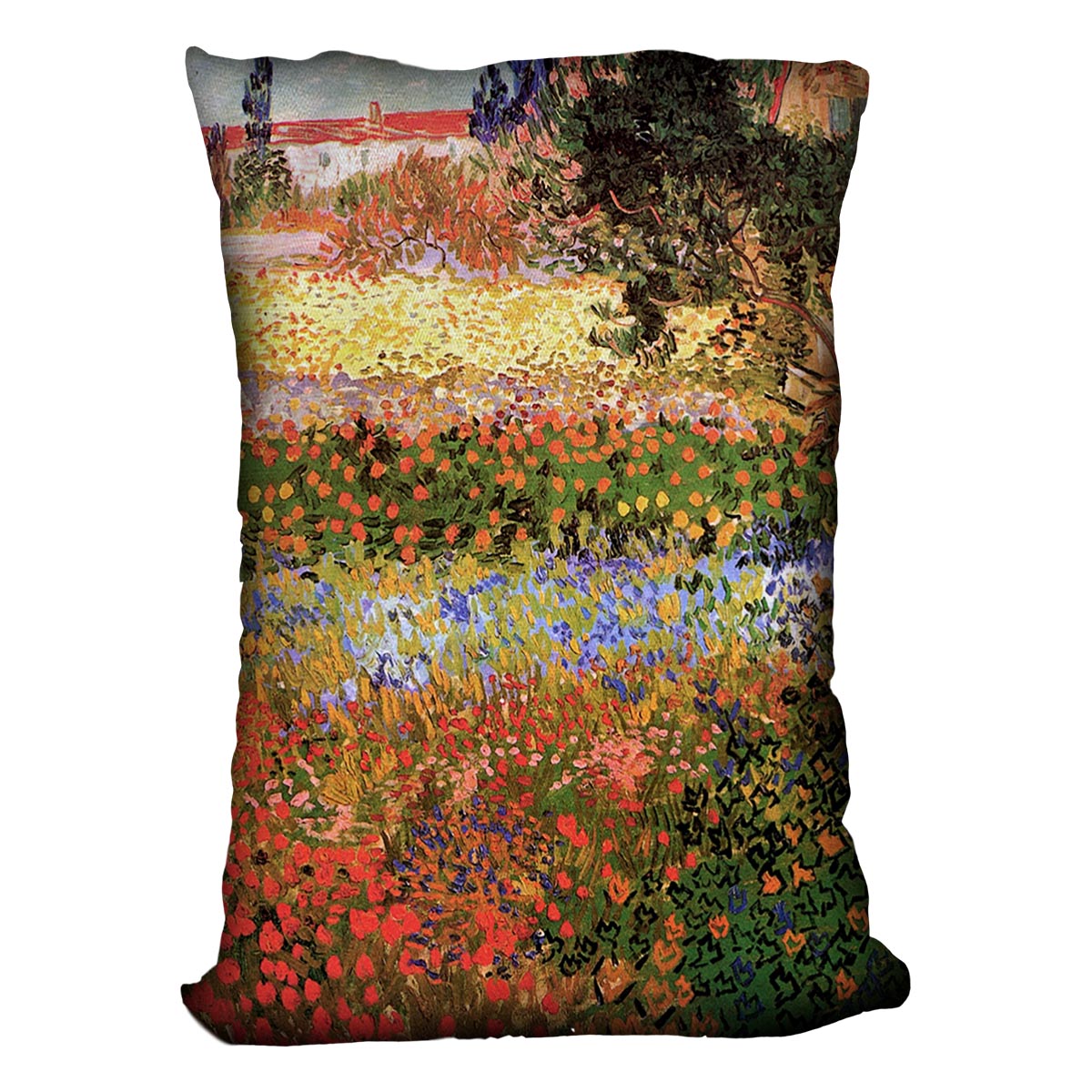 Flowering Garden by Van Gogh Cushion featuring vibrant colors and luxurious vegan faux suede material, perfect for home decor.