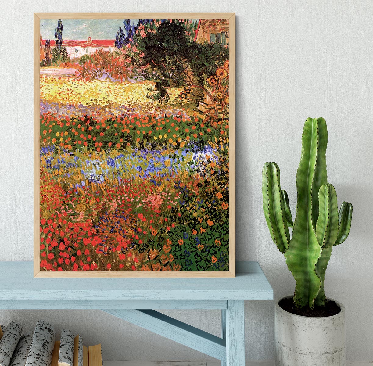 Framed print of Van Gogh's Flowering Garden, showcasing vibrant colors and quality craftsmanship in a stylish frame.