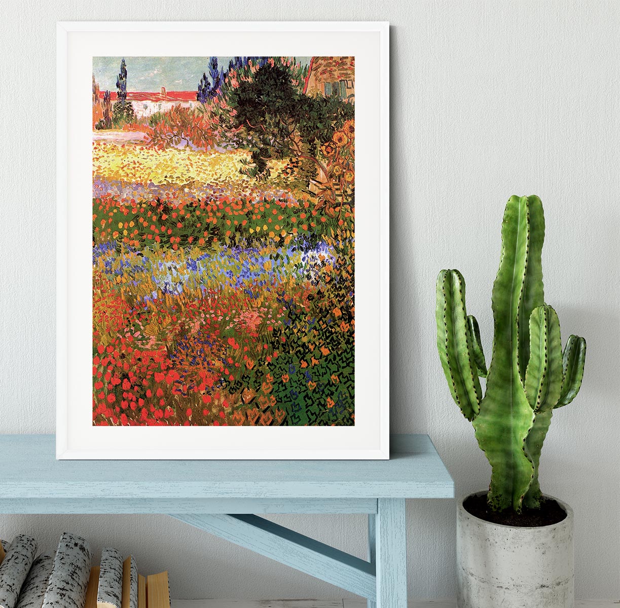 Framed print of Van Gogh's Flowering Garden, showcasing vibrant colors and quality craftsmanship in a stylish frame.