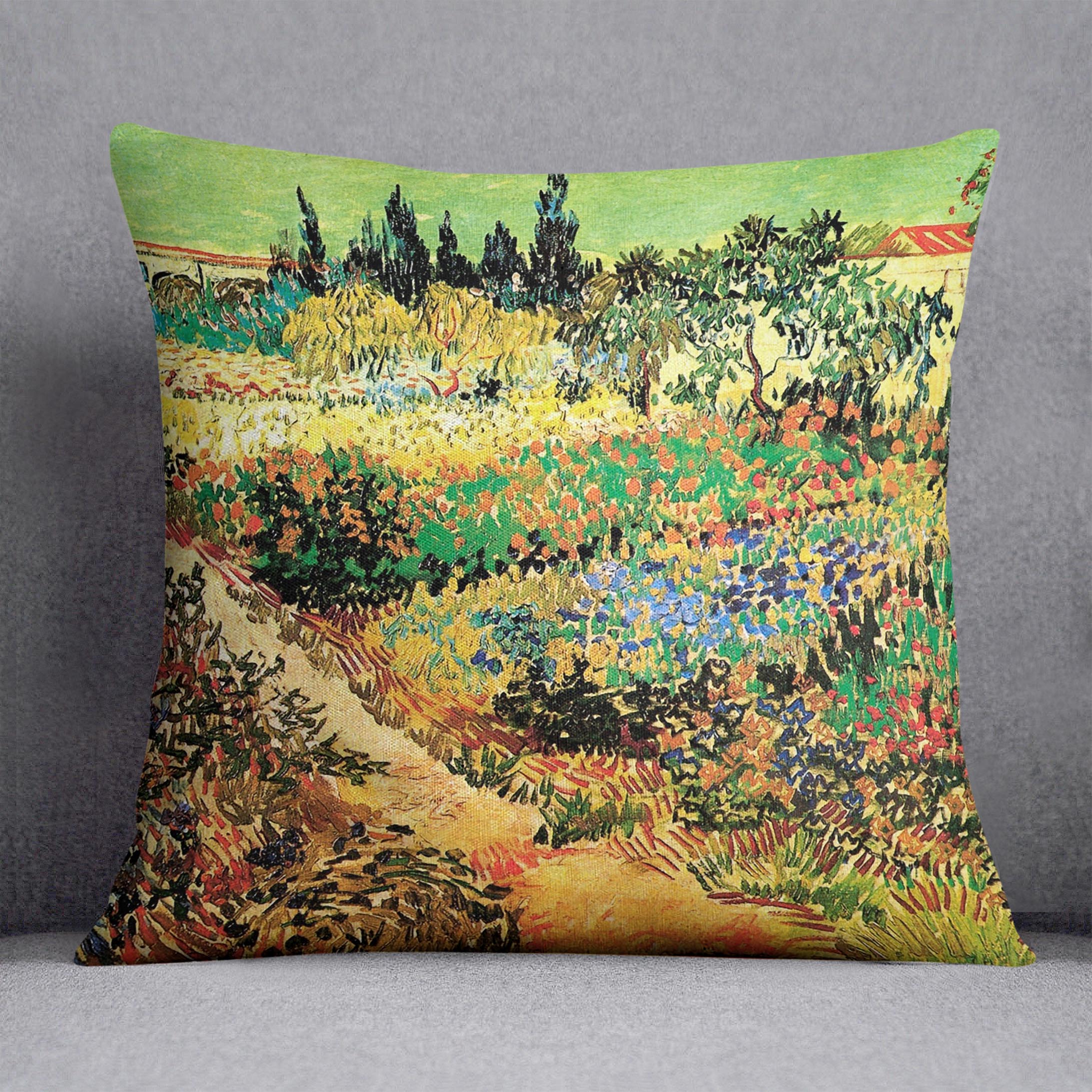 A vibrant cushion featuring Van Gogh's Flowering Garden with Path design, made from luxurious vegan faux suede, showcasing rich colors and intricate details.