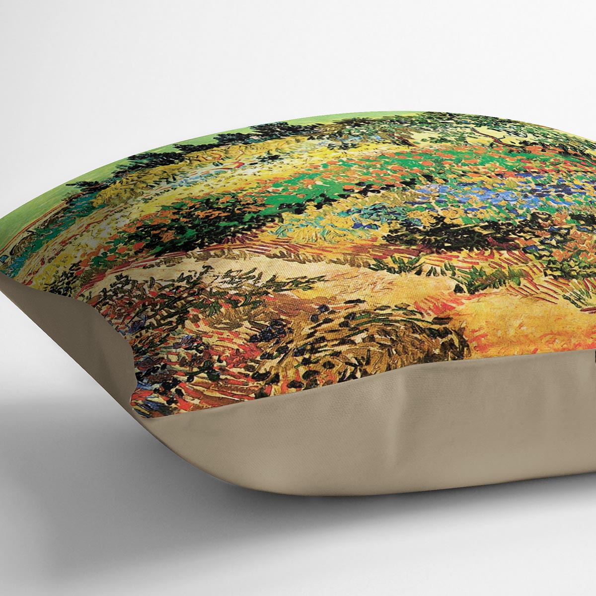 A vibrant cushion featuring Van Gogh's Flowering Garden with Path design, made from luxurious vegan faux suede, showcasing rich colors and intricate details.