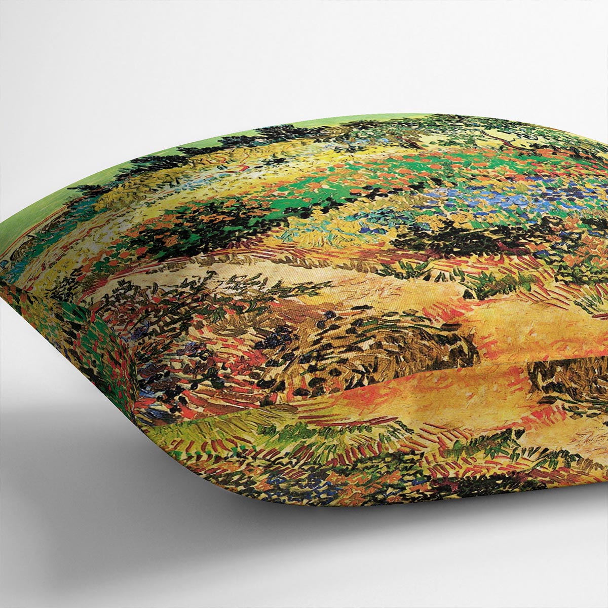 A vibrant cushion featuring Van Gogh's Flowering Garden with Path design, made from luxurious vegan faux suede, showcasing rich colors and intricate details.