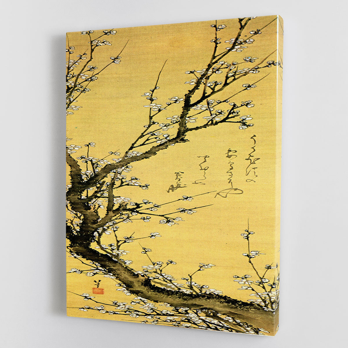 A beautiful canvas print of Flowering Plum by Hokusai, showcasing delicate blossoms and intricate details in vibrant colors.