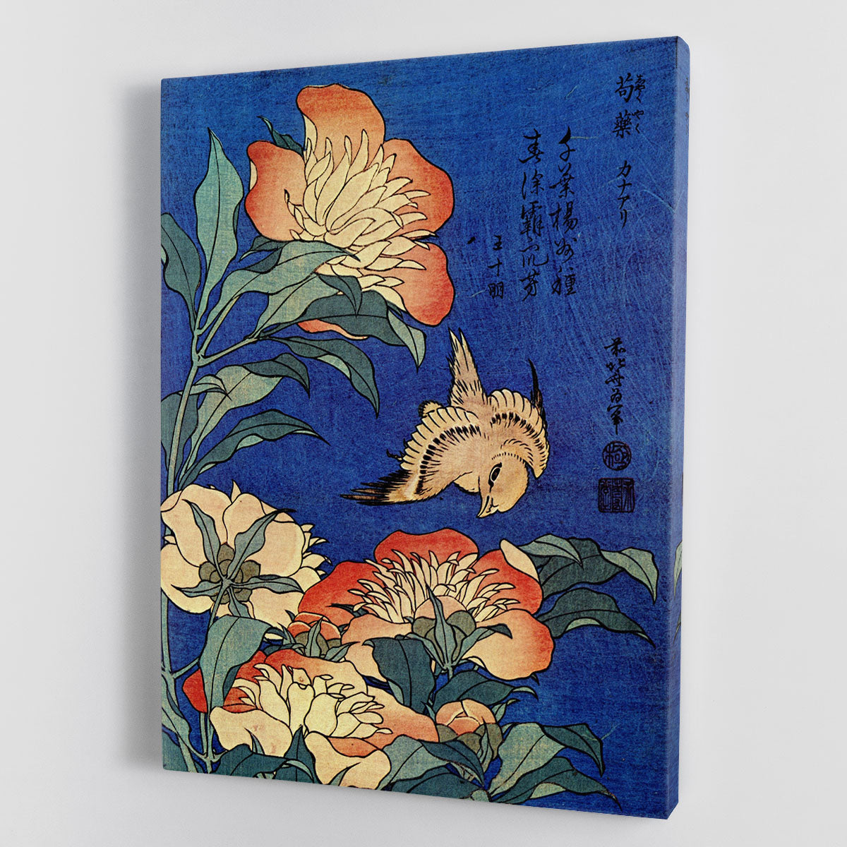 A vibrant canvas print or poster featuring Hokusai's floral artwork, showcasing intricate details and rich colors.