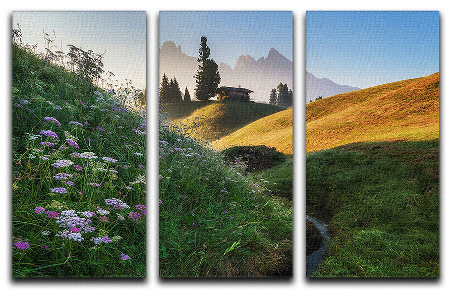 Flowery Morning 3 Split Panel Canvas Print featuring vibrant floral designs on three separate canvases, enhancing any room's decor.
