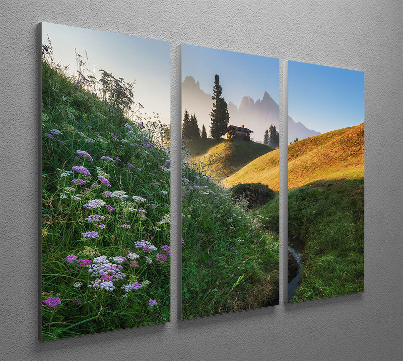 Flowery Morning 3 Split Panel Canvas Print featuring vibrant floral designs on three separate canvases, enhancing any room's decor.