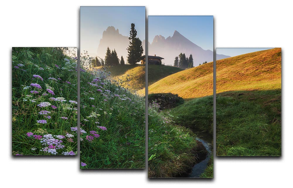 Flowery Morning 4 Split Panel Canvas featuring vibrant floral designs across four panels, creating a cohesive and dynamic artwork.