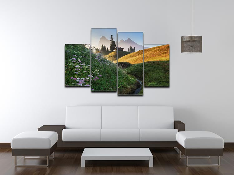 Flowery Morning 4 Split Panel Canvas featuring vibrant floral designs across four panels, creating a cohesive and dynamic artwork.