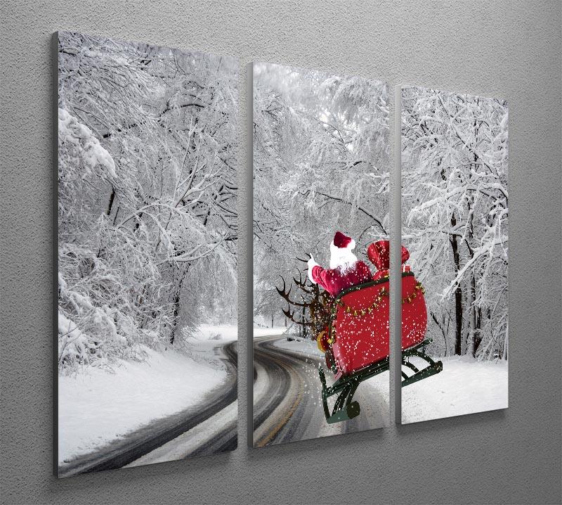Flying Santa 3 Split Panel Canvas Print featuring a whimsical Santa design across three panels, perfect for festive decor.