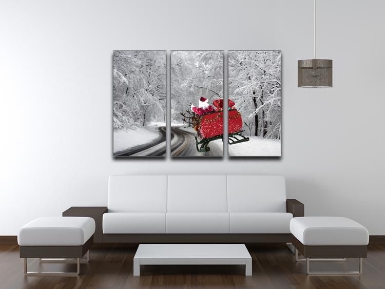 Flying Santa 3 Split Panel Canvas Print featuring a whimsical Santa design across three panels, perfect for festive decor.