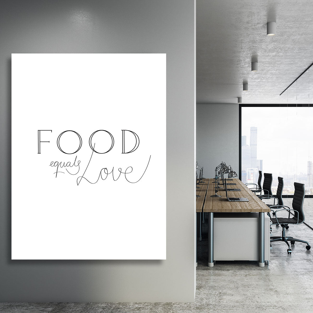 A vibrant canvas print featuring the phrase 'Food is Love' surrounded by colorful food illustrations, perfect for kitchen or dining room decor.