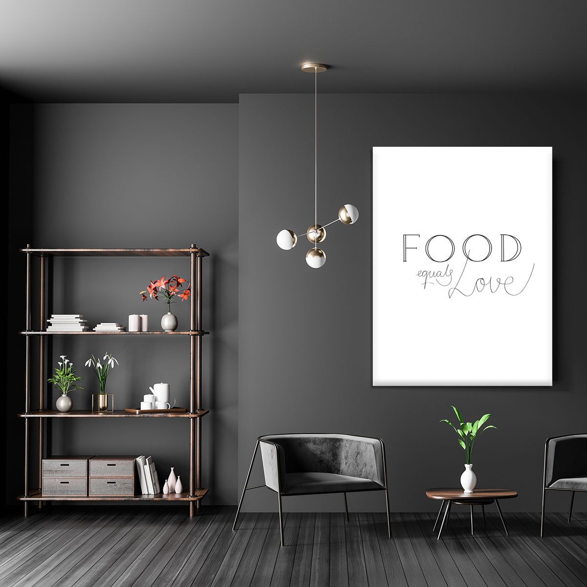 A vibrant canvas print featuring the phrase 'Food is Love' surrounded by colorful food illustrations, perfect for kitchen or dining room decor.