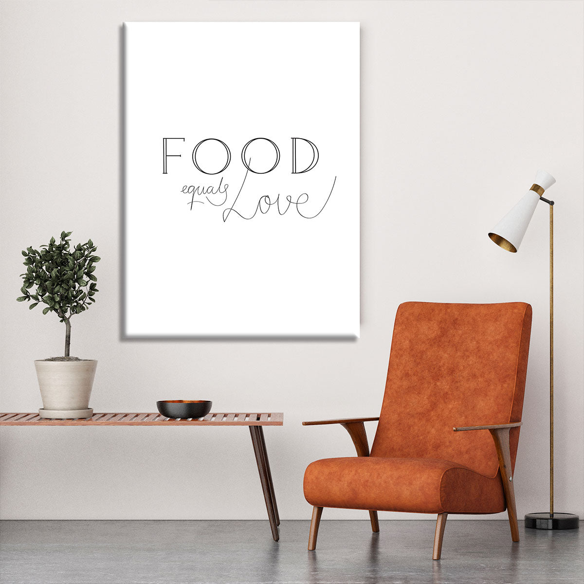 A vibrant canvas print featuring the phrase 'Food is Love' surrounded by colorful food illustrations, perfect for kitchen or dining room decor.