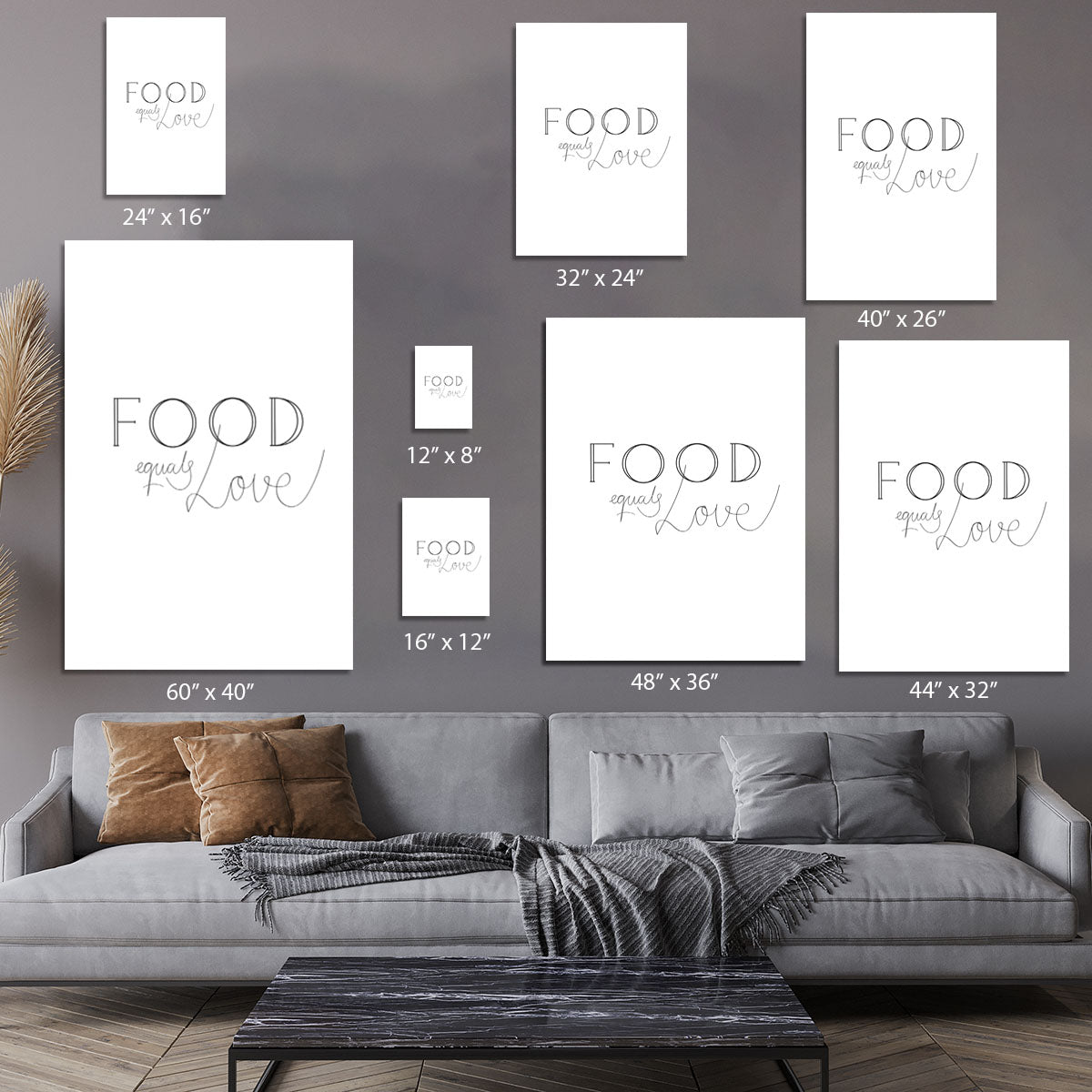 A vibrant canvas print featuring the phrase 'Food is Love' surrounded by colorful food illustrations, perfect for kitchen or dining room decor.