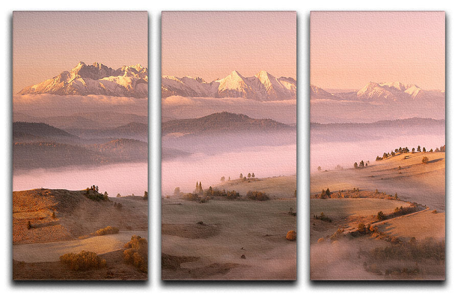 Fog Tatra 3 Split Panel Canvas Print showcasing a stunning landscape design, perfect for enhancing any room's decor.