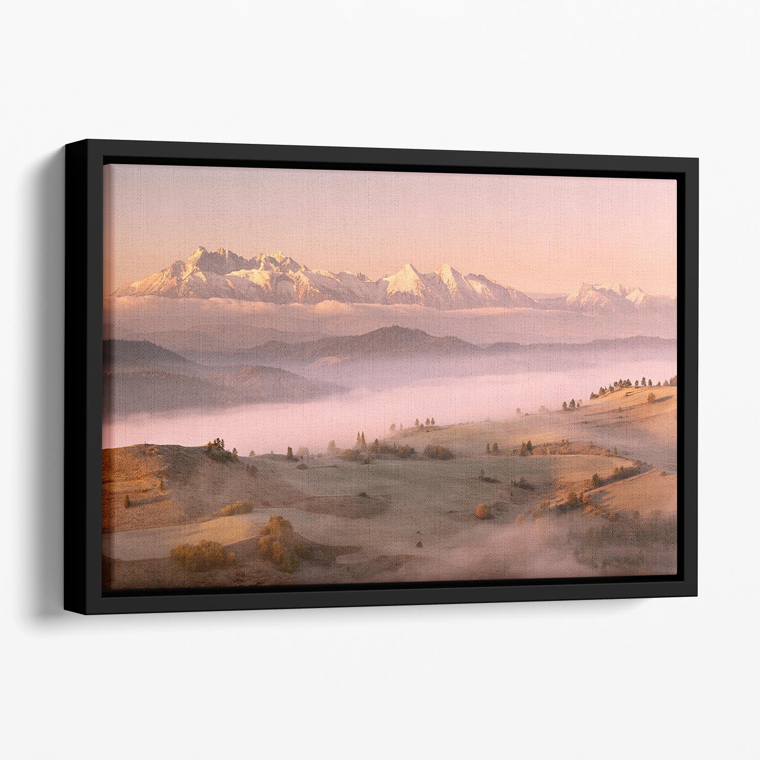 Fog Tatra Floating Framed Canvas featuring vibrant abstract design in a sleek wooden frame, ideal for modern home decor.