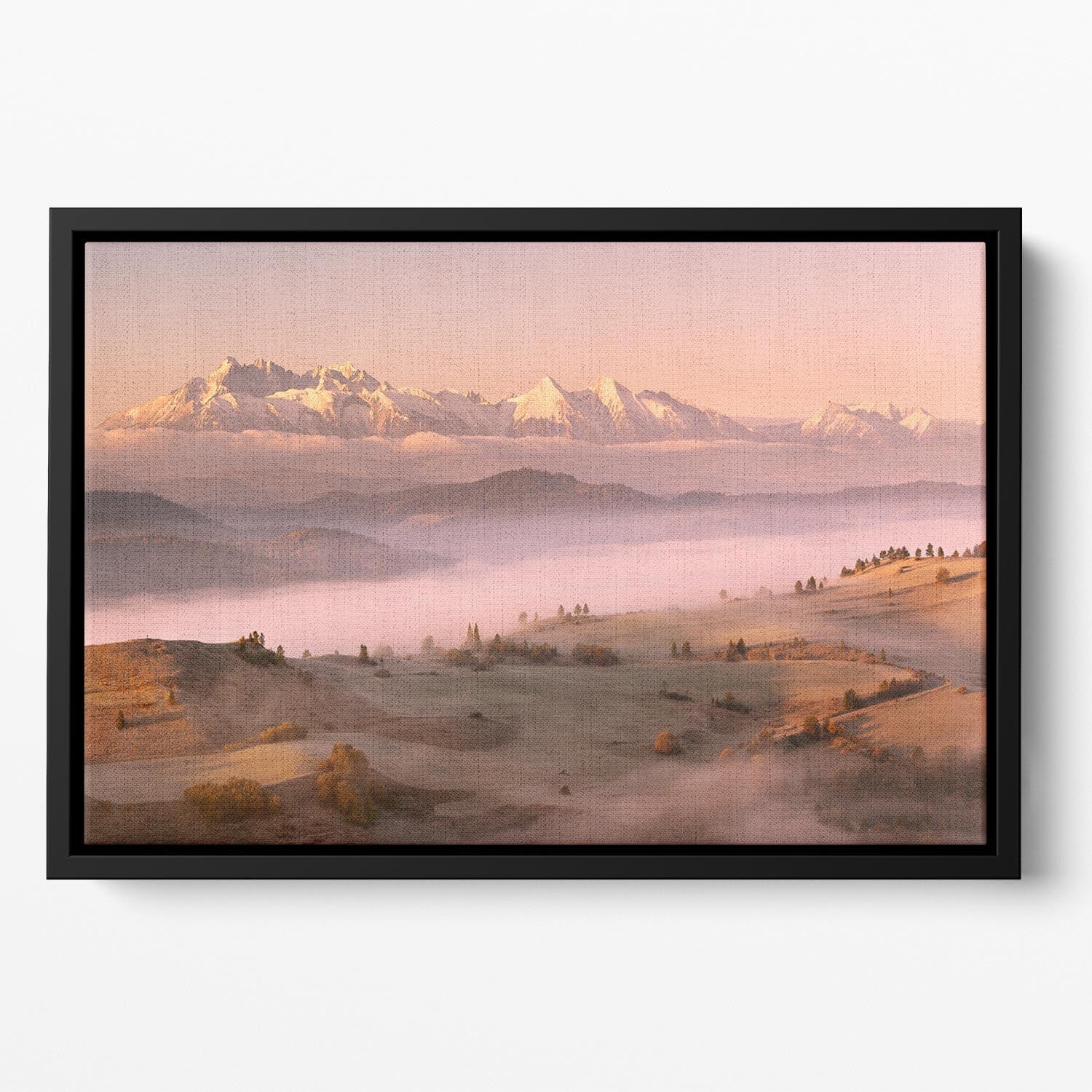 Fog Tatra Floating Framed Canvas featuring vibrant abstract design in a sleek wooden frame, ideal for modern home decor.