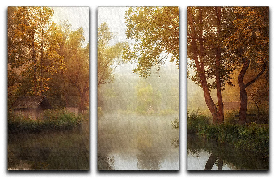 Foggy Autumn 3 Split Panel Canvas Print featuring a serene autumn landscape with trees and fog.