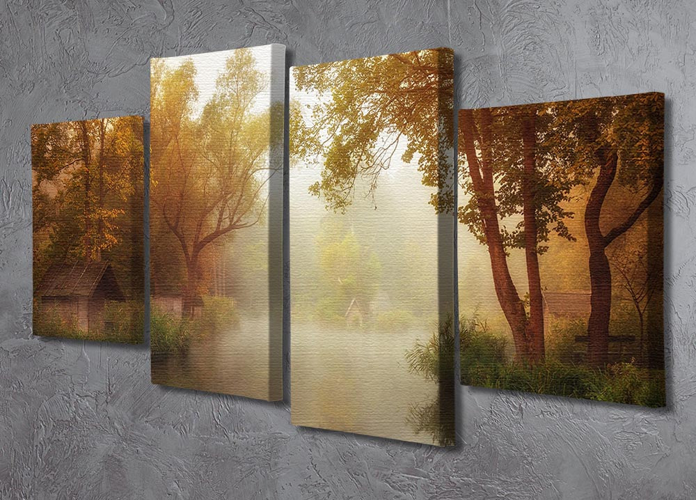 Foggy Autumn 4 Split Panel Canvas artwork featuring a serene autumn landscape divided into four panels.
