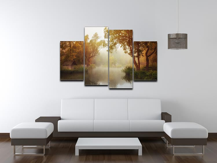 Foggy Autumn 4 Split Panel Canvas artwork featuring a serene autumn landscape divided into four panels.