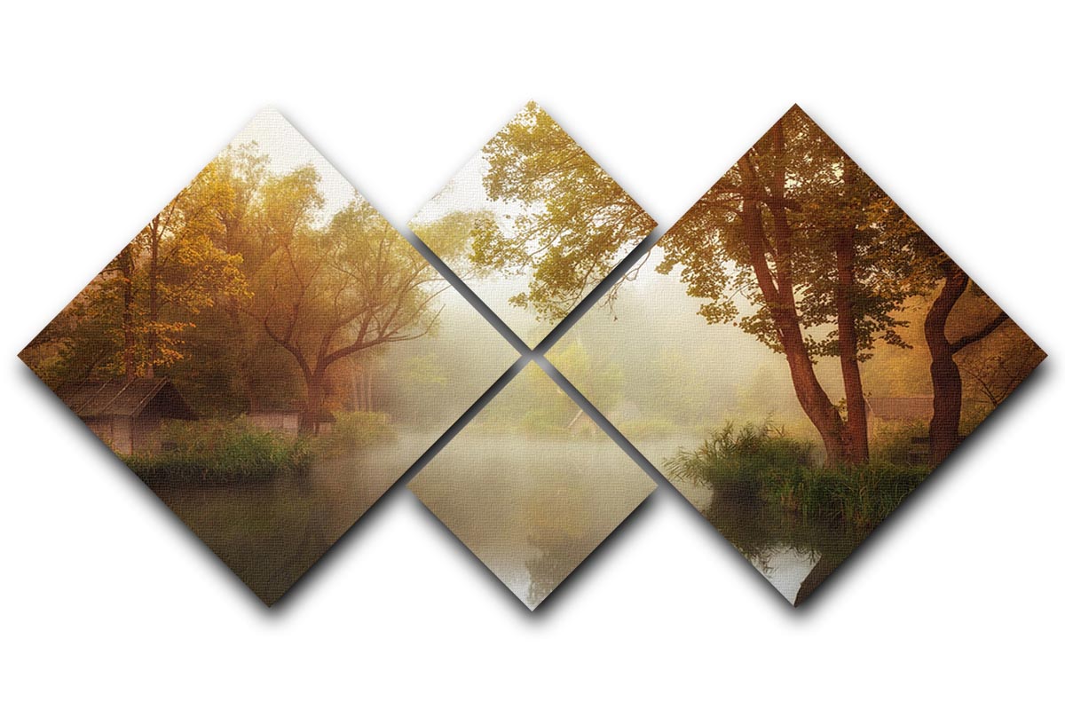 Foggy Autumn 4 Square Multi Panel Canvas featuring a serene autumn landscape divided into four equal panels.