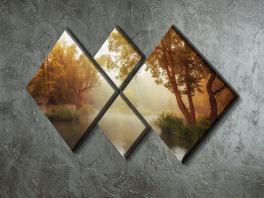 Foggy Autumn 4 Square Multi Panel Canvas featuring a serene autumn landscape divided into four equal panels.