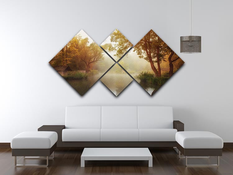 Foggy Autumn 4 Square Multi Panel Canvas featuring a serene autumn landscape divided into four equal panels.