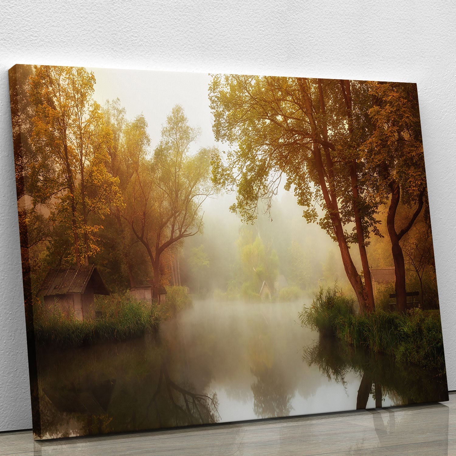 Foggy Autumn Canvas Print showcasing a serene landscape with misty trees and soft autumn colors, perfect for home decor.