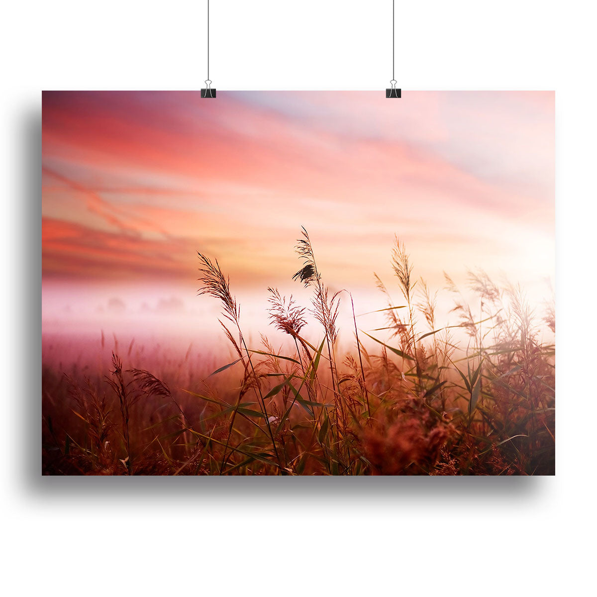 Foggy landscape canvas print featuring early morning mist, showcasing serene nature and tranquility.