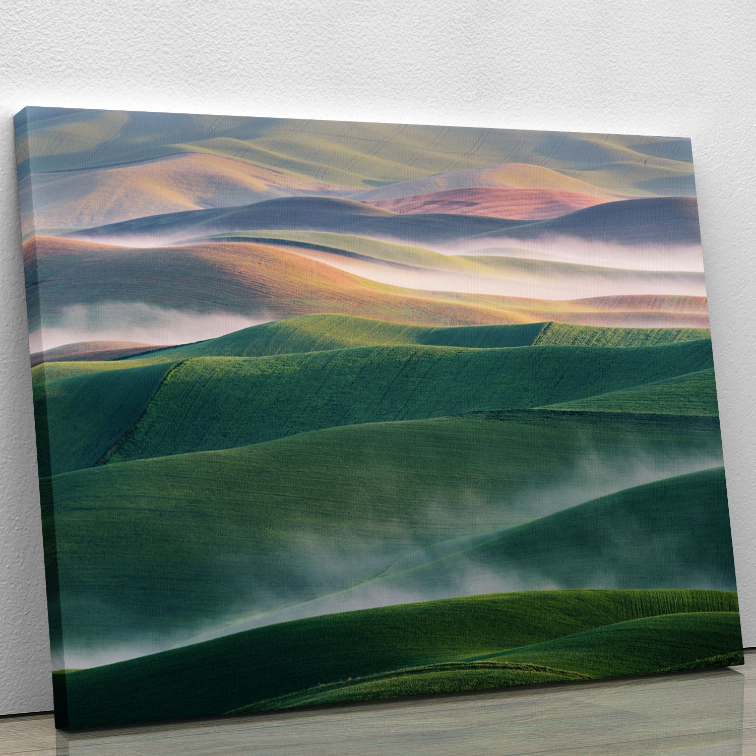 Foggy Morning Canvas Print showcasing a serene landscape with soft fog enveloping trees and a tranquil atmosphere.