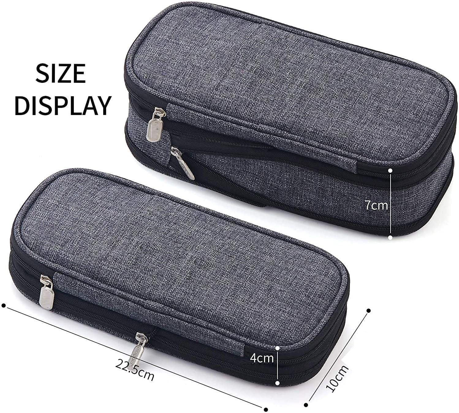 Foldable large capacity pencil bag in grey, featuring double zipper design and mesh pocket for accessories.