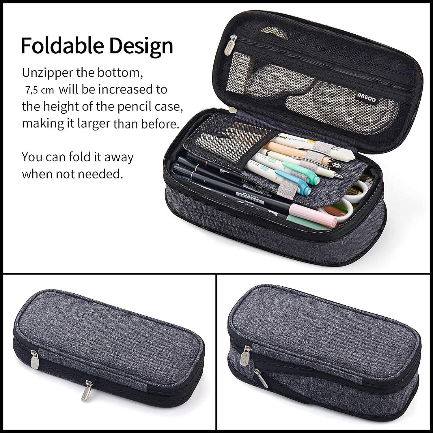 Foldable large capacity pencil bag in grey, featuring double zipper design and mesh pocket for accessories.