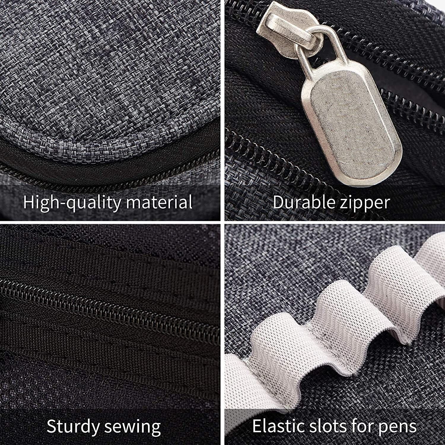 Foldable large capacity pencil bag in grey, featuring double zipper design and mesh pocket for accessories.